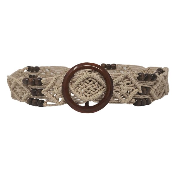 Woven Macrame Boho Belt with Wood Beads and Brown Tortoiseshell Buckle - Picture 1 of 10